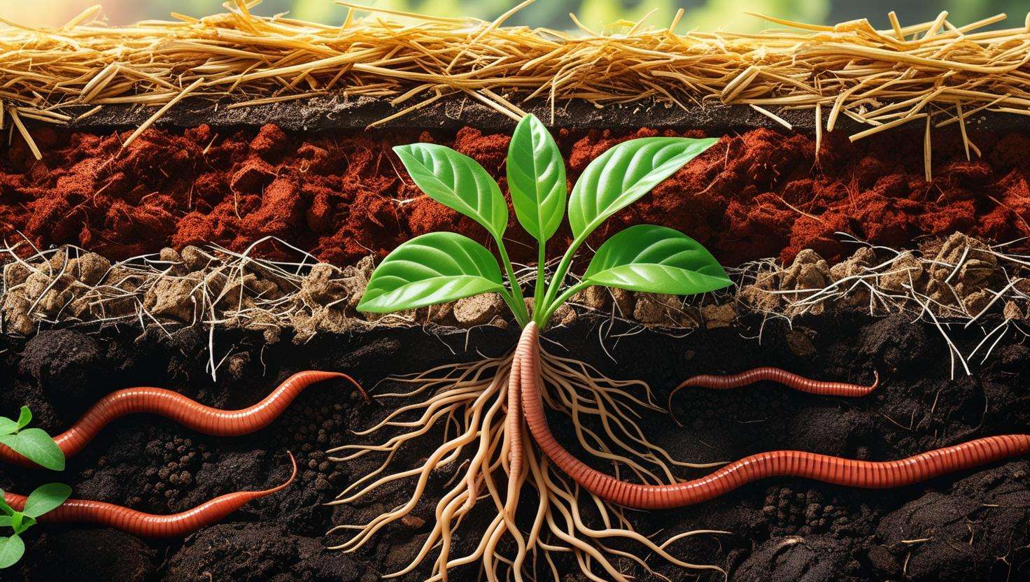 Cross-section of healthy soil with compostable mulch, earthworms, and plant roots, showcasing improved soil structure under sunlight.
