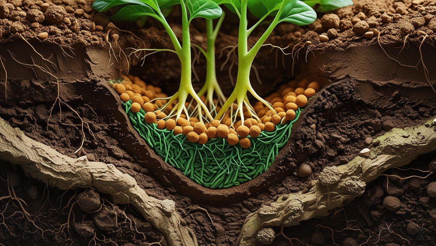 Soil cross-section with slow release nitrogen fertilizer nourishing plant roots and soil microbes.