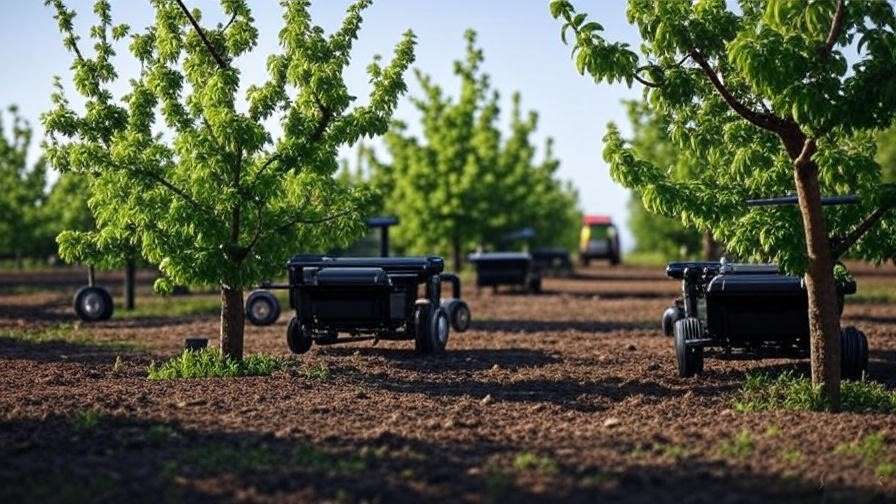 Futuristic organic prune orchard with regenerative agriculture tools.