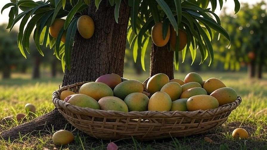 Basket of freshly picked Asian fruits near a mature orchard tree