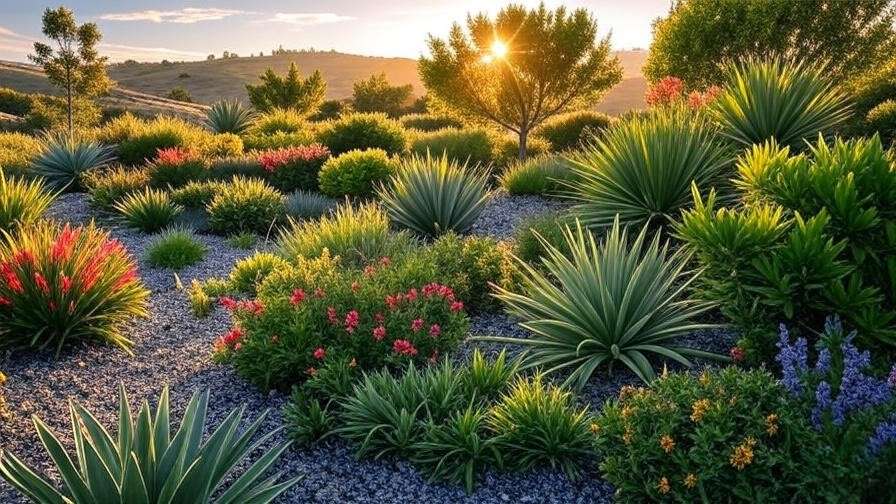 Xeriscape garden with bottlebrush and agave shrubs and gravel paths