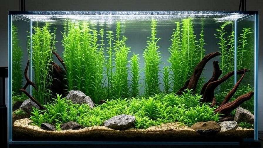 Aquascaped planted aquarium with nutrient-rich substrate, Vallisneria, Rotala, and natural decor.