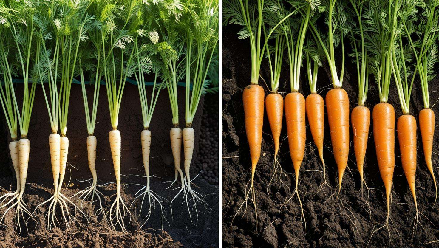 Before and after carrot bed transformation with compost showing stunted to straight roots.