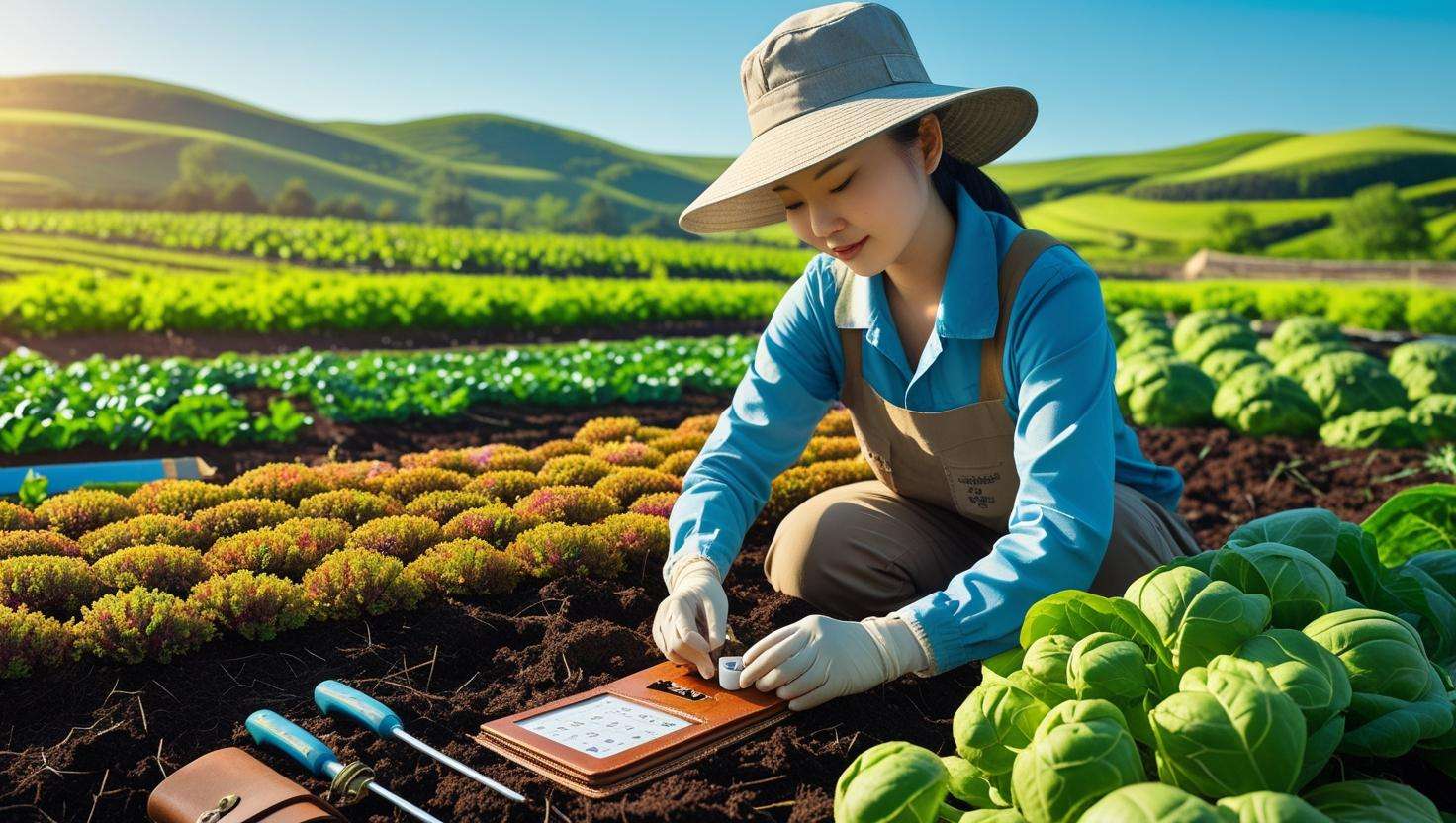 Farmer using a soil testing kit in a mulched field with diverse crops