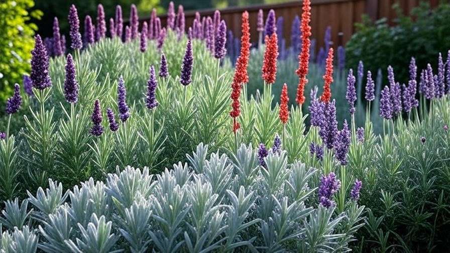Vibrant garden with lavender and salvia, rabbit resistant perennials thriving in sunlight