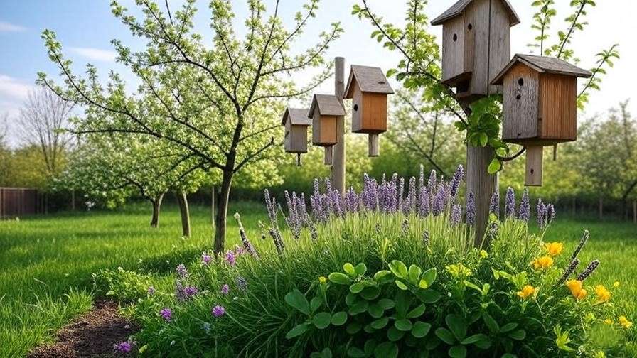 Apple trees in bloom with mason bee houses and pollinator flowers.