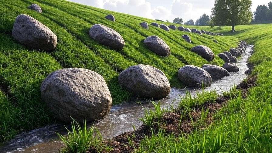 Large landscaping boulders on a sloped farm field, preventing soil erosion by slowing water runoff, surrounded by green cover crops.