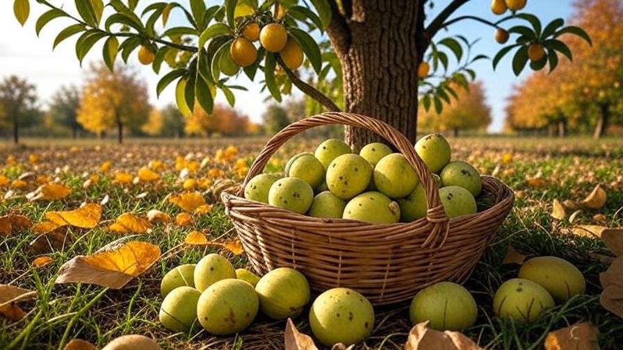 Basket of freshly picked winter banana apples in a late fall orchard