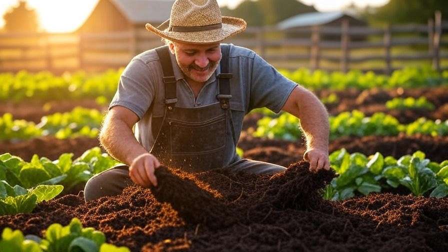 Farmer spreading compost on fertile soil with thriving vegetable plants