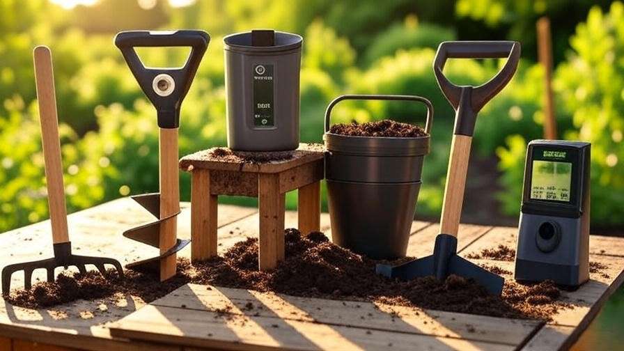 Soil cultivation tools like auger and pH meter with fertile garden plot in background