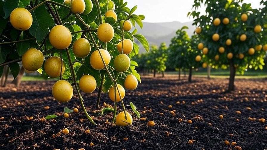 Yellow passion fruit vine with ripe fruits on a trellis.