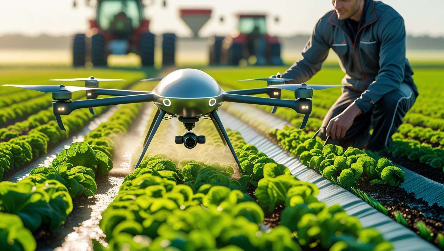Farmer using drone to apply slow release nitrogen fertilizer over diverse crop field.