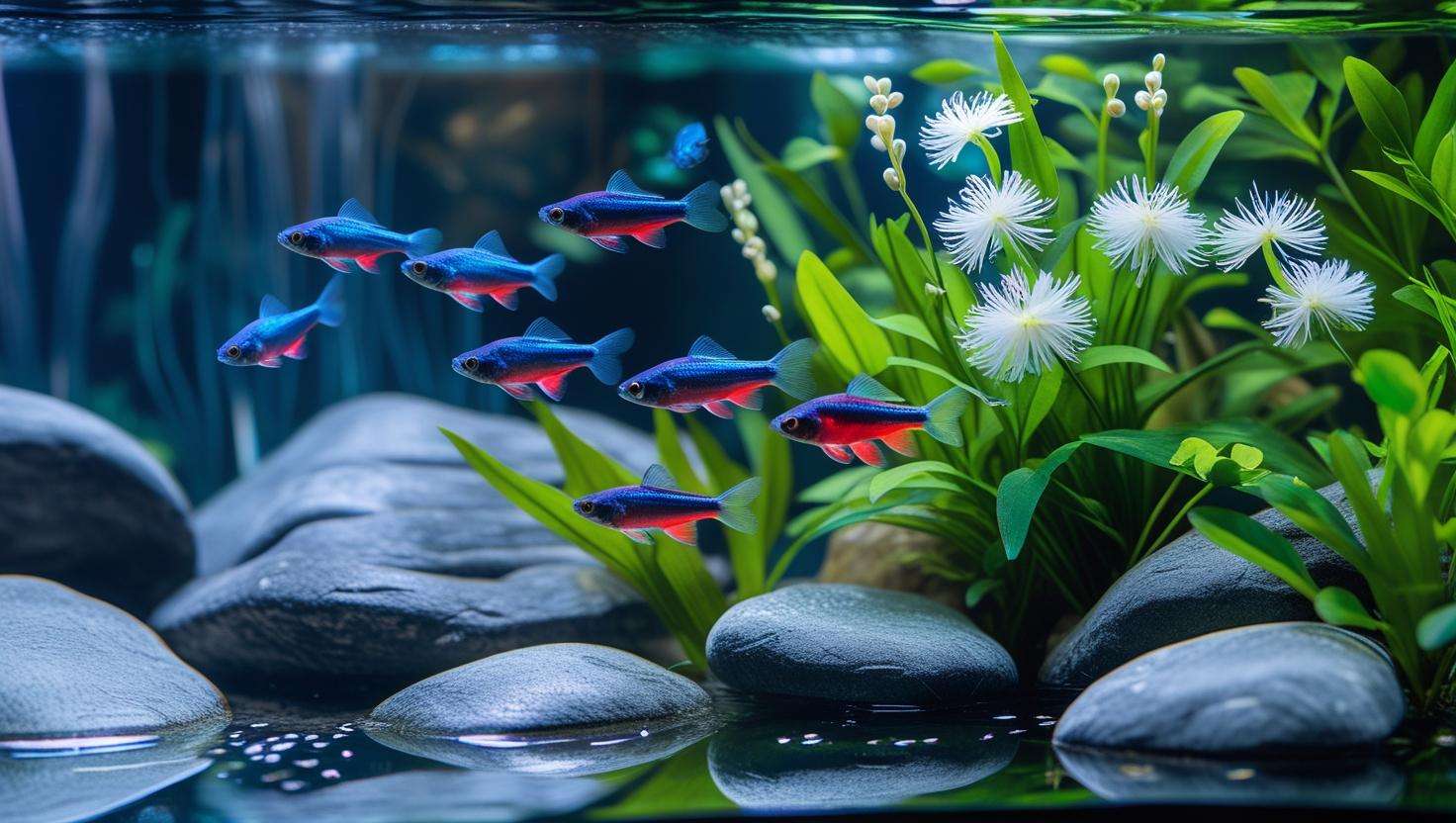 Aquarium with banana plants and neon tetras