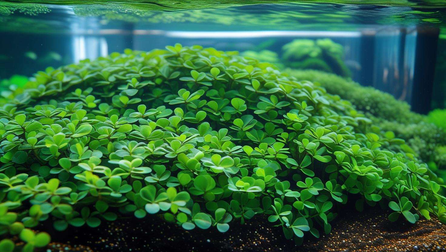 Close-up of Monte Carlo carpet plants on aquasoil substrate