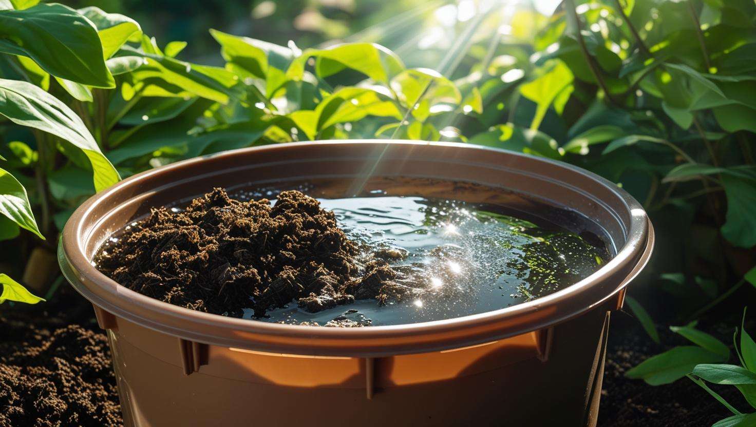 Preparation of compost tea in a bucket with natural ingredients and lush greenery.