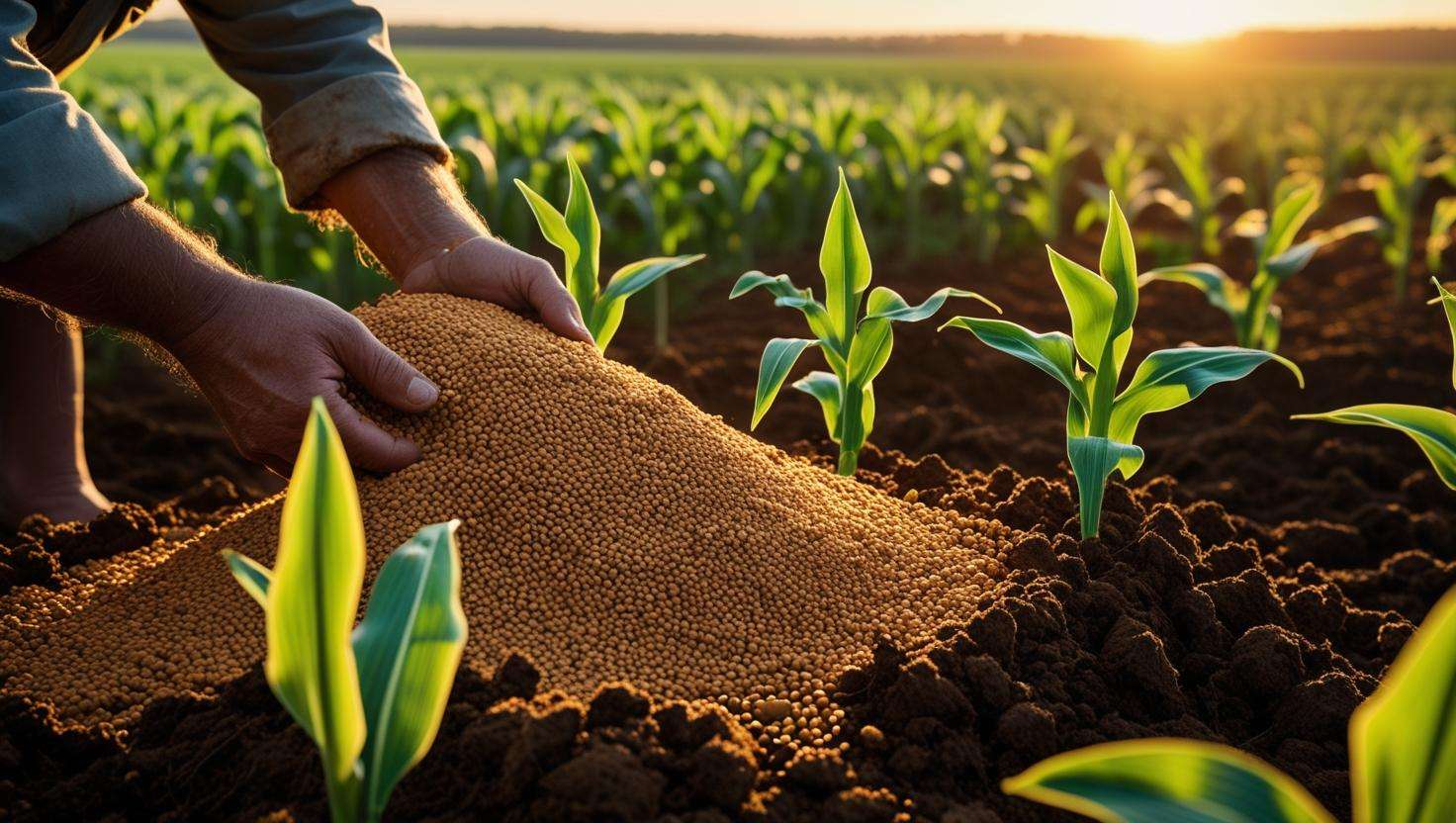 Farmer applying slow release nitrogen fertilizer to young corn plants in loamy soil at sunrise.