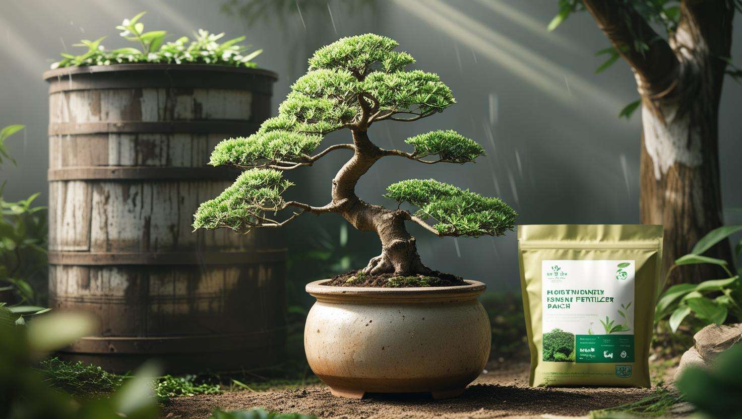Bonsai tree with rainwater barrel and eco-friendly fertilizer packaging in a sustainable garden.