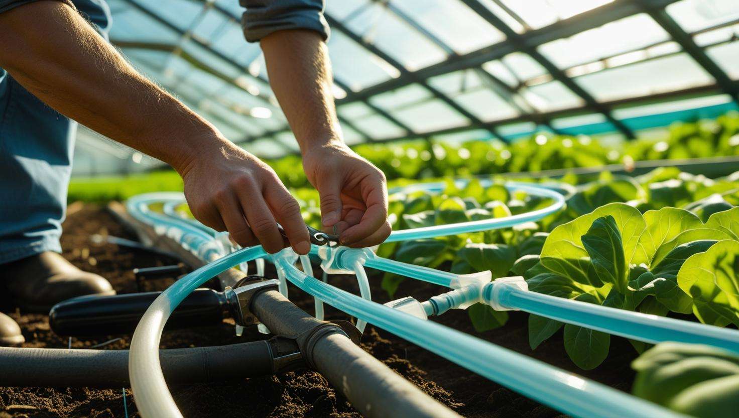 Farmer maintaining irrigation lines in a greenhouse for healthy crops.