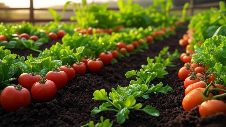 Garden bed with tomatoes, carrots, and lettuce in nutrient-rich soil