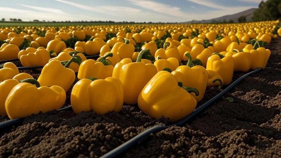Vibrant field of yellow bell peppers with drip irrigation in a hilly landscape.