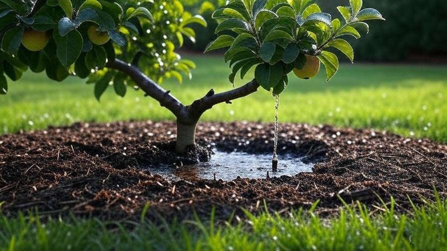 Apple tree with drip irrigation system and mulched soil in sunlight.