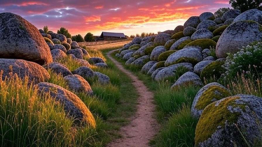 Landscaping boulders arranged on a terraced farm slope with native plants, creating a functional and aesthetic agricultural landscape.