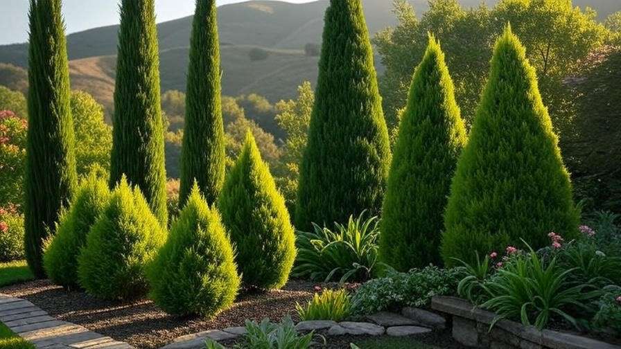 Variety of cypress shrubs thriving in a sunny garden, showcasing Leyland, Italian, and Hinoki types.