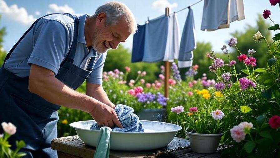 Gardener washing and drying gardening clothes with eco-friendly detergent in a garden.