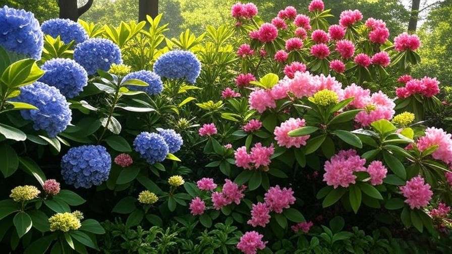 Close-up of hydrangeas and rhododendrons blooming in a shaded garden with green foliage.