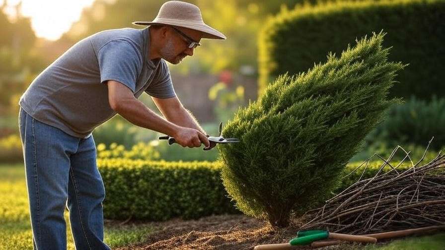 Gardener pruning a cypress shrub with shears for a neat hedge.