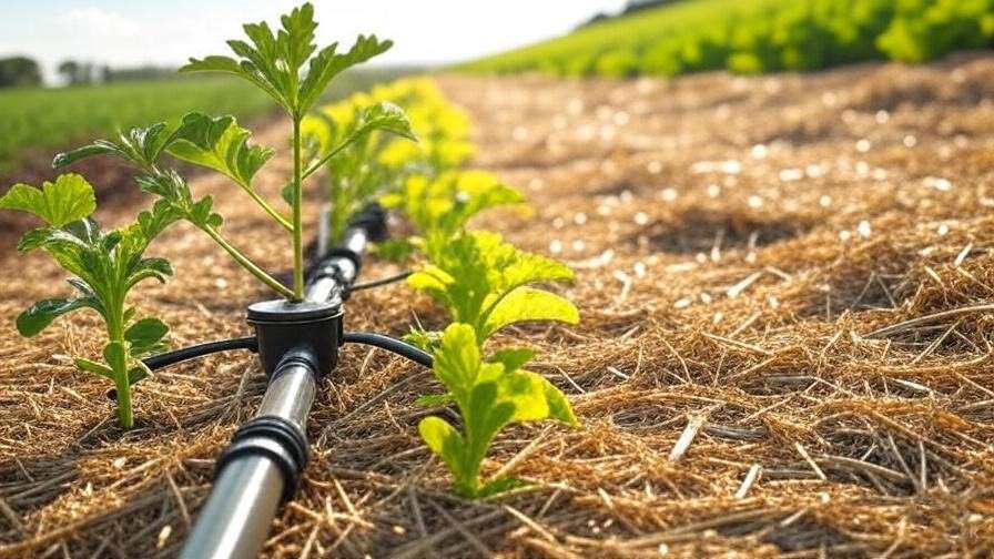 Drip irrigation watering yellow vegetable plants with straw mulch.