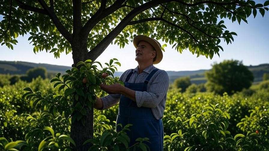 Farmer pruning fruit trees for better sunlight penetration in farming