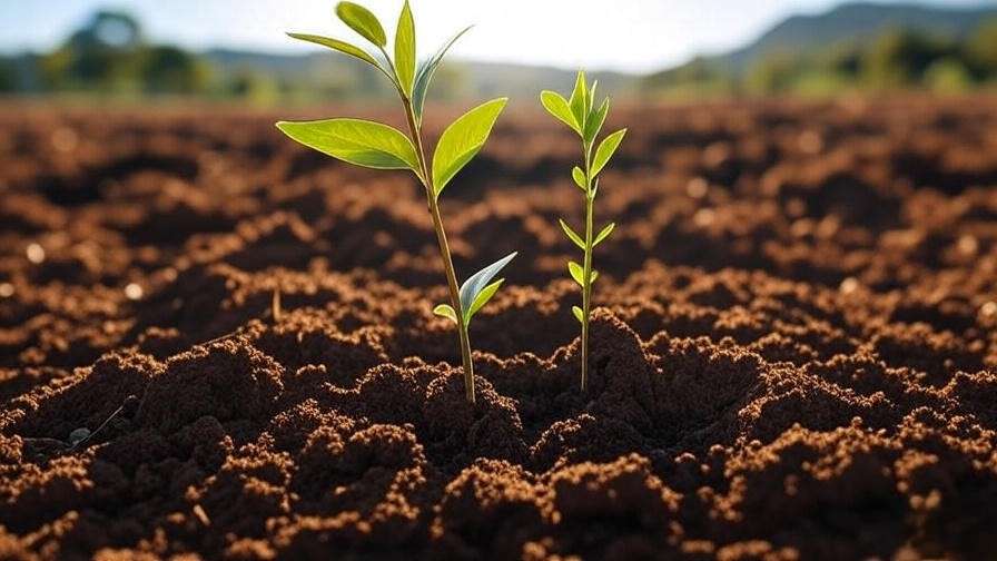 Close-up of well-prepared soil with a young eucalyptus seedling being planted