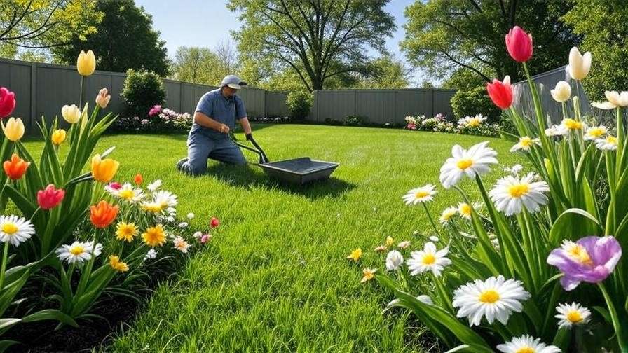 Person applying starter fertilizer with broadcast spreader on lush lawn with blooming flowers