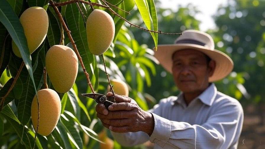 Close-up of mango tree with ripe yellow mangoes and farmer pruning in sunlit orchard.