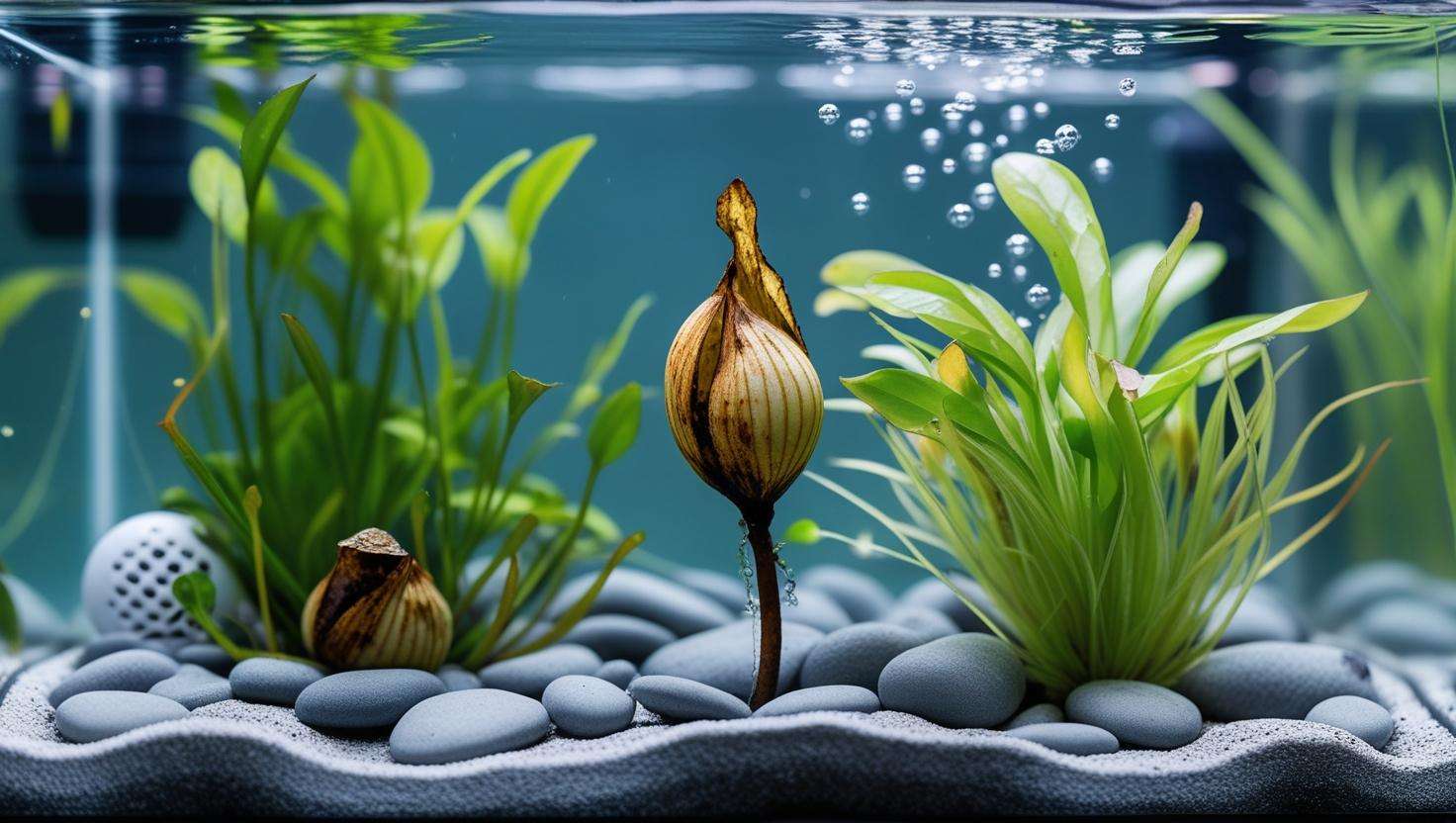 Aquarium with banana plant bulb rot and air stone