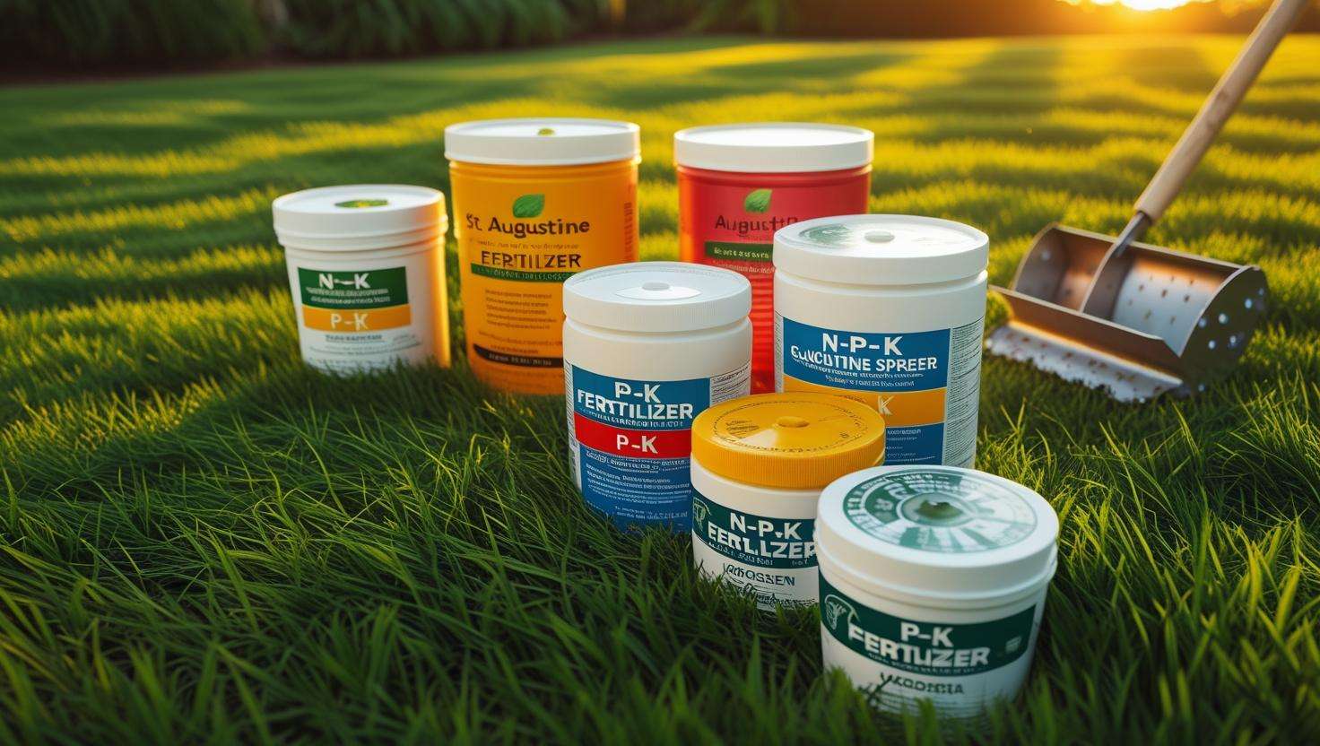 Different fertilizers and spreader on a lush St. Augustine grass lawn
