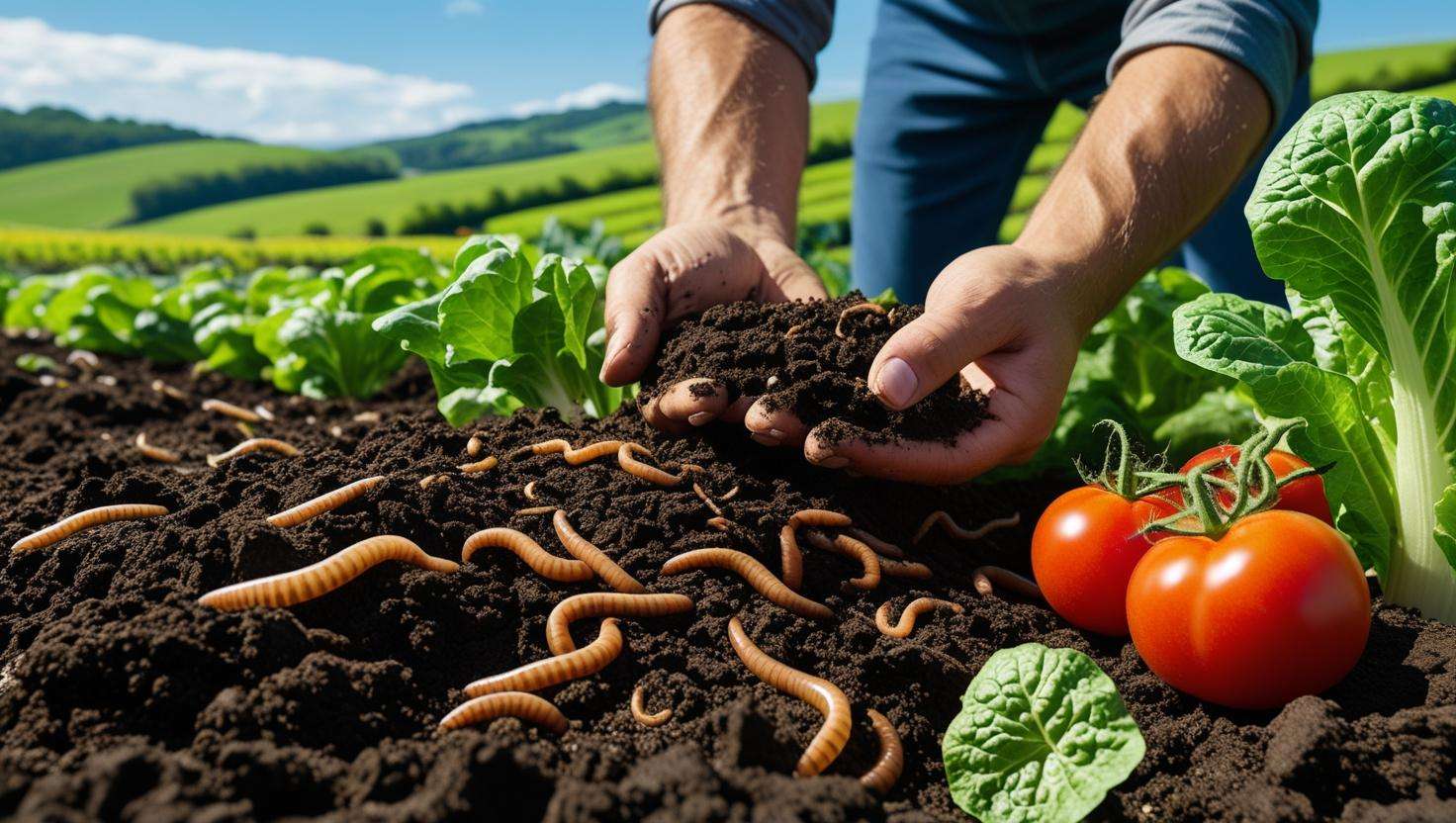 Farmer adding vermicompost with earthworms to thriving vegetable plants in rich soil