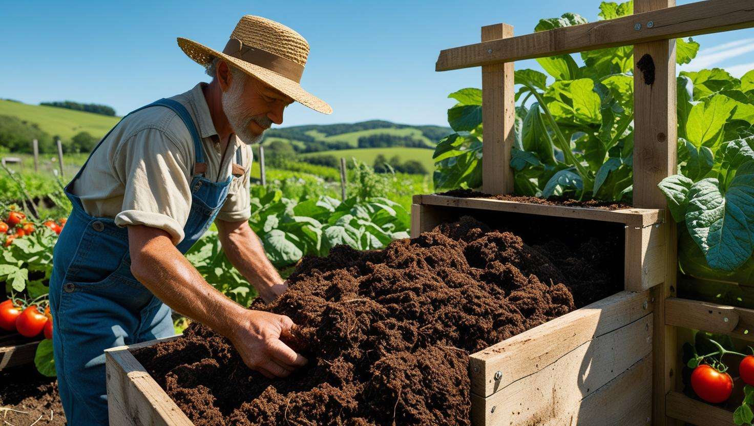 Farmer harvesting vermicompost from a worm bin with healthy crops in the background