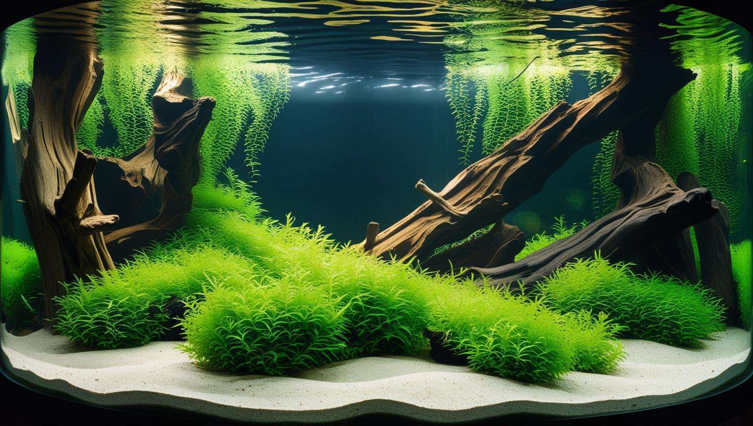 "Eleocharis acicularis carpet with driftwood in a large aquarium".