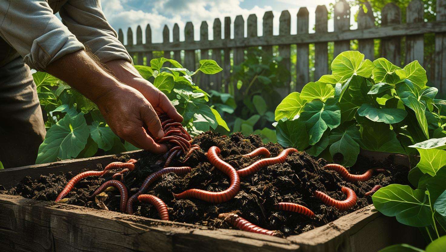Farmer placing red wiggler earthworms into a bin with organic waste outdoors