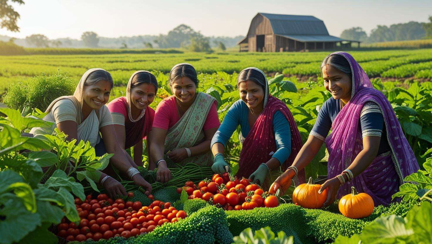 Farmers collaborating in a lush field with irrigation systems and diverse crops
