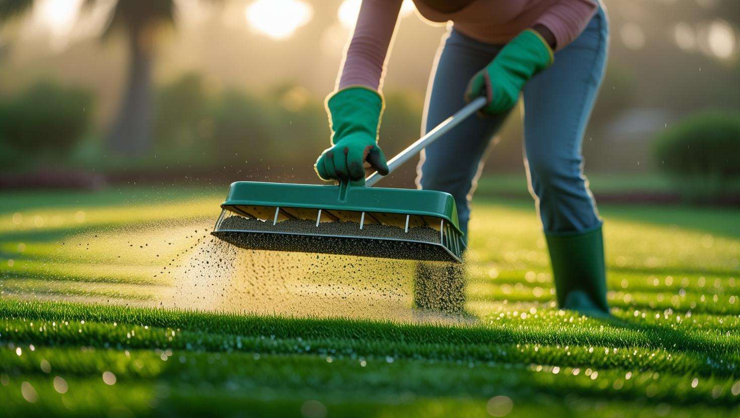 Person applying fertilizer with a spreader on St. Augustine grass
