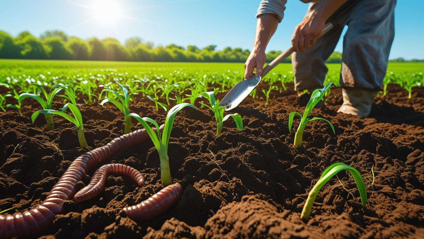 Aerated soil with earthworm burrows and healthy crop roots in a vibrant field