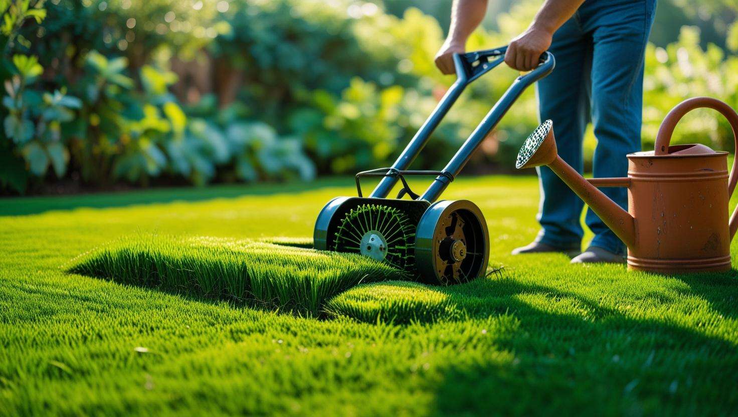 Aerating St. Augustine grass lawn with a core aerator and watering can