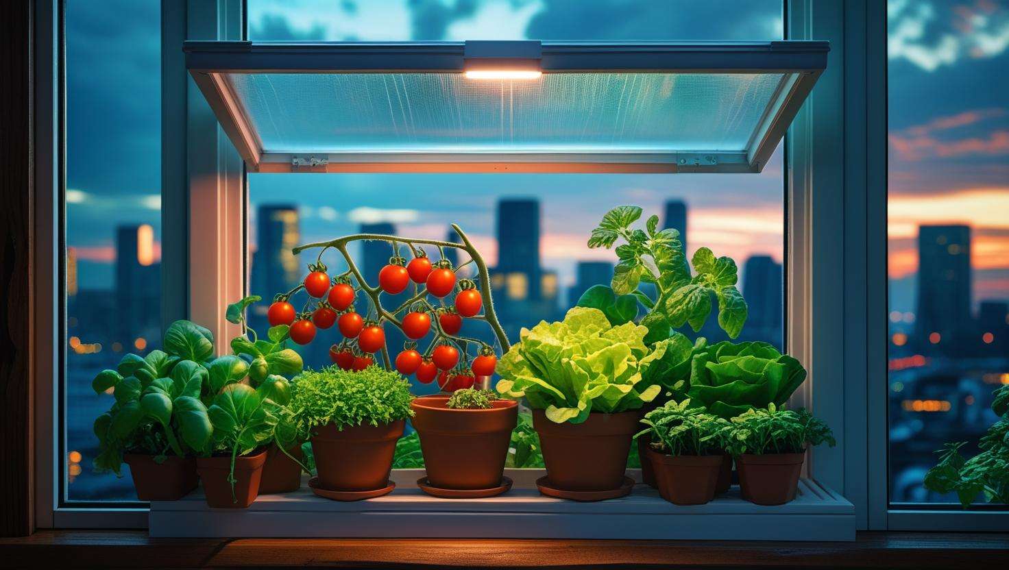 Vibrant attached window mounted greenhouse with cherry tomatoes, lettuce, and herbs under LED grow light.