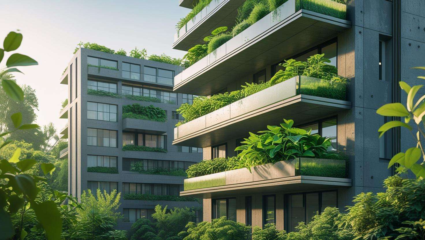 Futuristic urban building with multiple attached window mounted greenhouses and greenery.