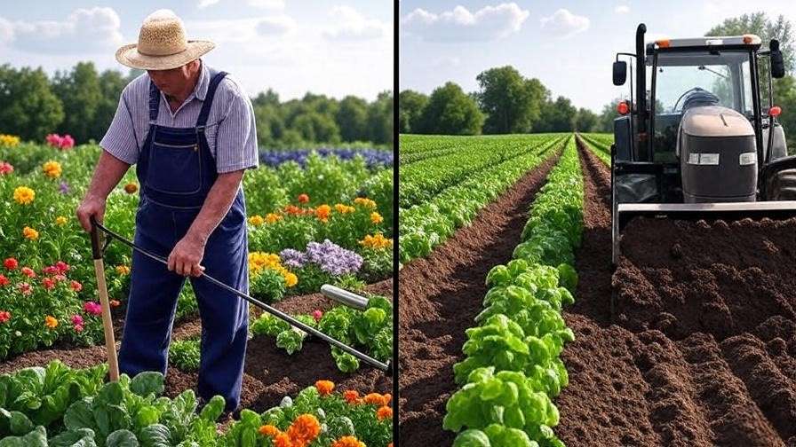 Split-screen of a manual T-handle soil probe and a hydraulic soil probe in use, showcasing farming tool diversity.