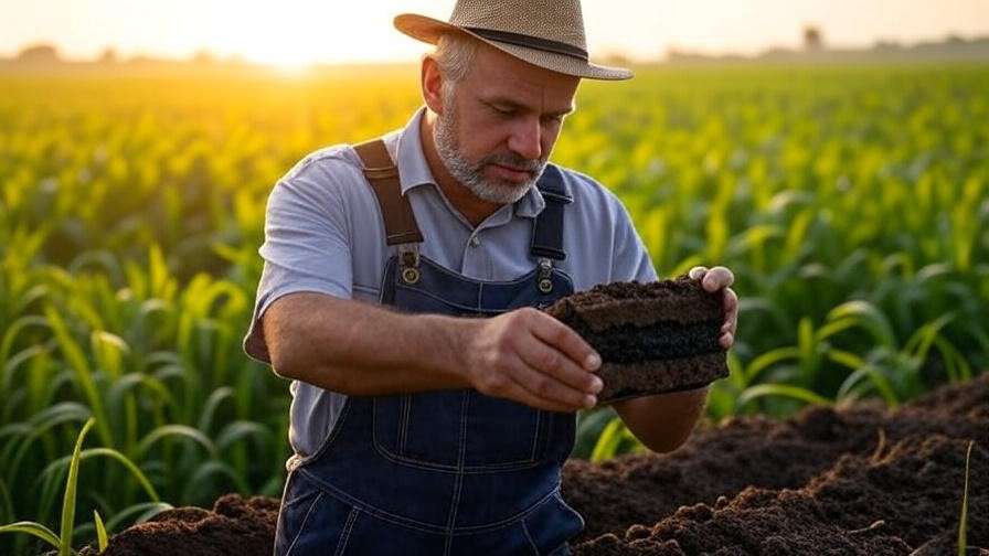 Farmer examining a soil sample from a soil probe in a thriving crop field, highlighting soil health analysis.