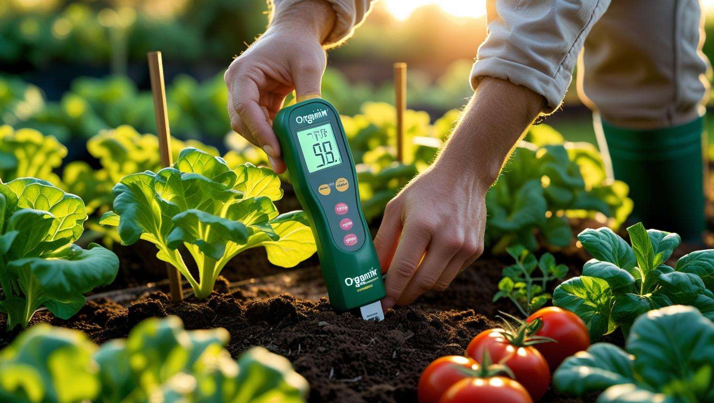 Gardener testing soil pH with a meter in an Organimix Compost-enriched garden.